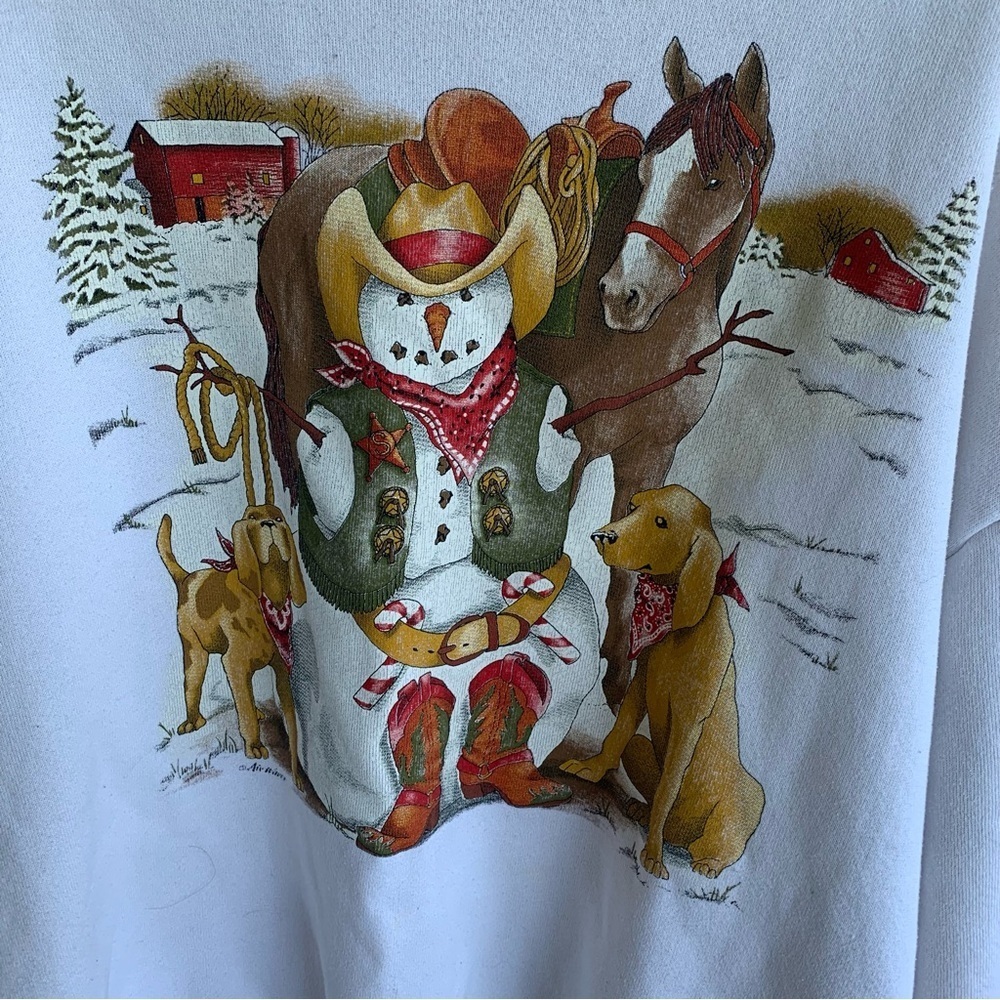 Vintage Winter Snowman Horse Dogs Crewneck Sweatshirt Adult XL 90s Sweater Snow